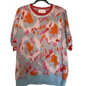 Jodifl 2X Short Bubble Sleeve Sweater Blue Pink Orange Print NWOT